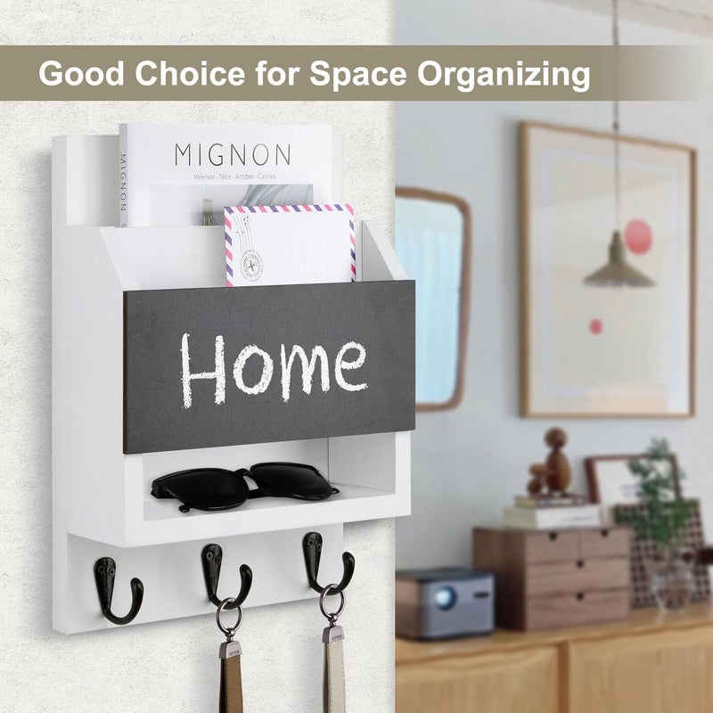Lucundm Key and Mail Holder for Wall, Key Holder with Chalkboard and Long Storage Box, Key Hanger with 3 Sturdy Hooks for Coat, Dog Leash, Entryway Mail Organizer (White) - Image 2
